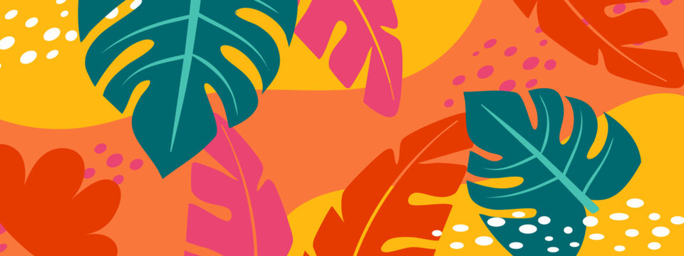 Colorful jungle foliage illustration with monstera leaves and geometric dots in bright orange yellow and teal colors