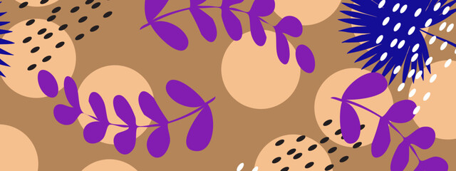 Naklejka premium Sophisticated abstract background with purple foliage and blue palm leaves on a tan backdrop