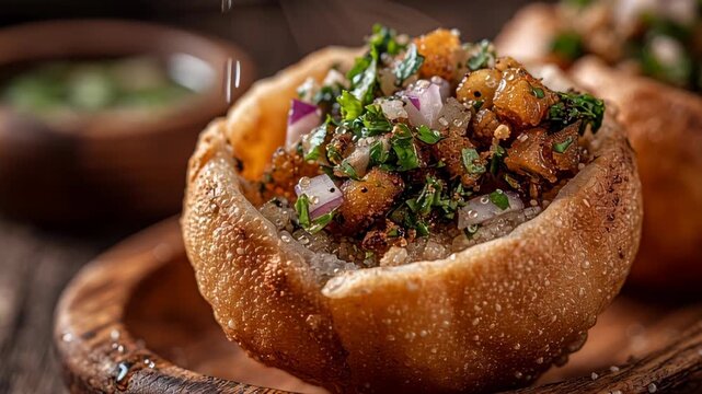 Close-up of Traditional Indian Pani Puri with Spicy Filling and Fresh Garnishes on Rustic Wooden Plate