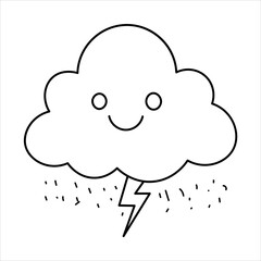 A simple, happy cartoon cloud with rain and lightning, line art for coloring book pages.