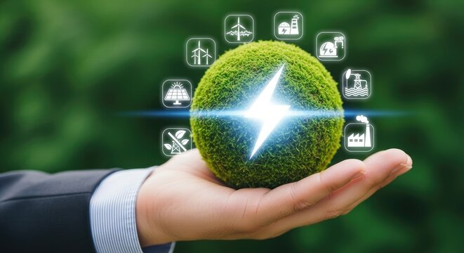 Hand holding a glowing green energy sphere with environmental icons.