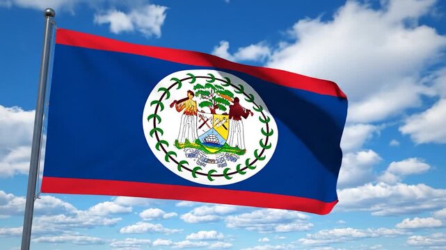 Blue flag with red border and national emblem waving in a cloudy blue sky