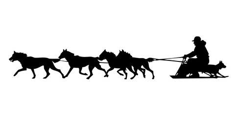 Dog Sled Musher with Husky Team Arctic Winter Transport Silhouette Vector Art