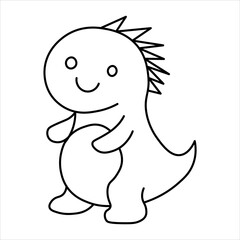 Simple black and white line art drawing of a cute, friendly cartoon dinosaur with a spiky back, perfect for coloring pages.