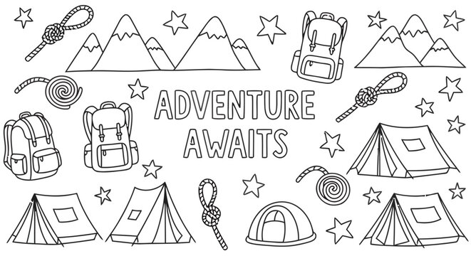 Hand drawn adventure and camping elements including mountains tents backpacks ropes stars and text adventure awaits in doodle sketch style simple outline vector