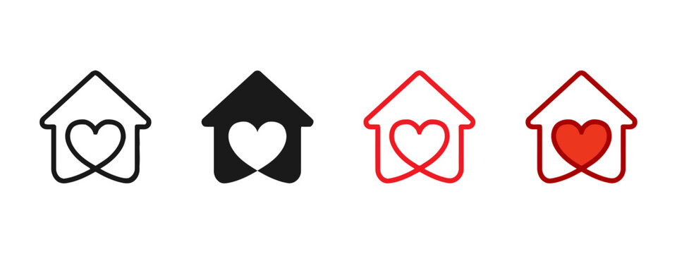 Home sweet home concept icons with house and heart combined in outline solid black red and vibrant red styles representing love and belonging