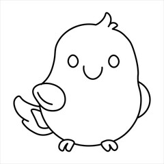 Fototapeta premium A simple, cute, cartoon-style drawing of a small bird with big eyes and a happy smile, outlined in black on a white background.