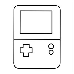 A simple, clean line drawing of a classic handheld video game console, reminiscent of the Game Boy.