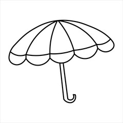 A simple black and white line drawing of an open umbrella with a curved handle, presented on a plain white background.