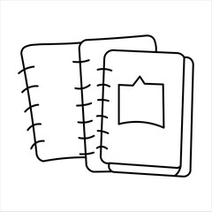 Hand-drawn black and white illustration of open and closed notebooks, depicting stationery items for study or work.