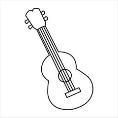 A simple black and white line drawing of a ukulele, a small four-stringed musical instrument.