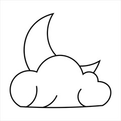Simple black and white line art drawing of a crescent moon peeking from behind a fluffy cloud, representing night or weather.