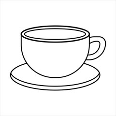 Simple black and white outline drawing of a classic teacup and saucer, perfect for coloring pages or minimalist design.