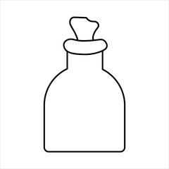 Simple outline drawing of a classic glass bottle with a cork stopper, depicted in a minimalist black and white style.