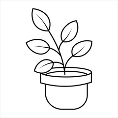 Simple line art drawing of a small potted plant with five leaves, depicted in a minimalist black and white style, suitable for coloring or icon use.
