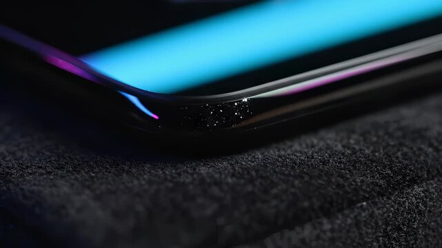 Close-up of a sleek smartphones curved edge, showcasing modern design.