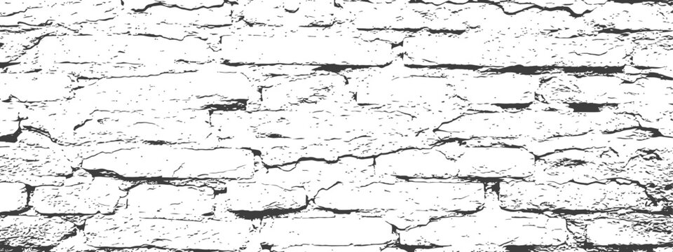 Black and White Distressed Brick Wall Vector Texture Grunge Overlay Background Aged Masonry Surface Pattern