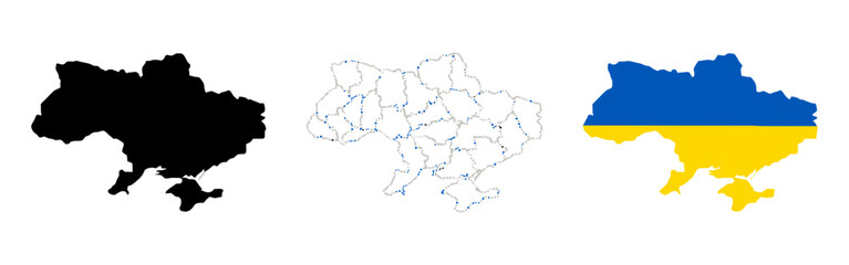 Obraz premium Map of Ukraine country silhouette isolated on white background, political division and transport routes, national flag