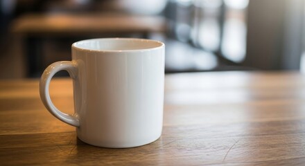 Obraz premium white ceramic coffee mug on wooden table showcasing simple elegant design with empty handle facing left in morning light.