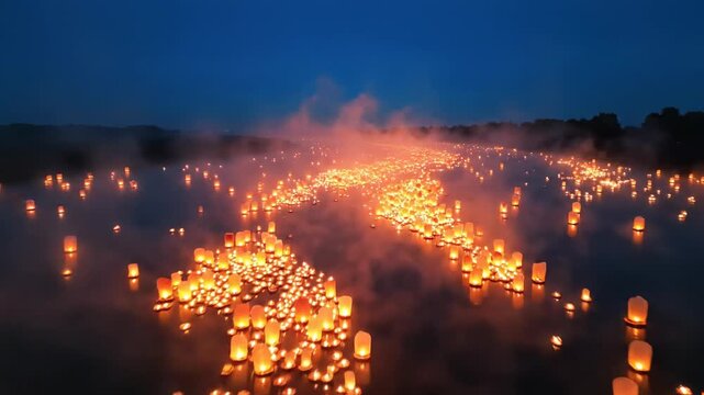 Sweeping drone view capturing hundreds of illuminated paper lanterns spreading outward on a vast, misty river under a deep blue nocturnal sky wide shot, low light, calm