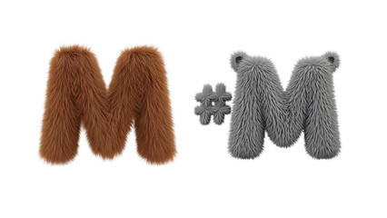 Two letters "M", one brown with a lighter, furry texture and one gray with a fuzzy texture and bear ears, next to a symbol