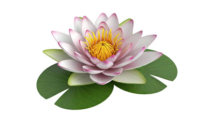 Pink and white water lily with green leaves on white background