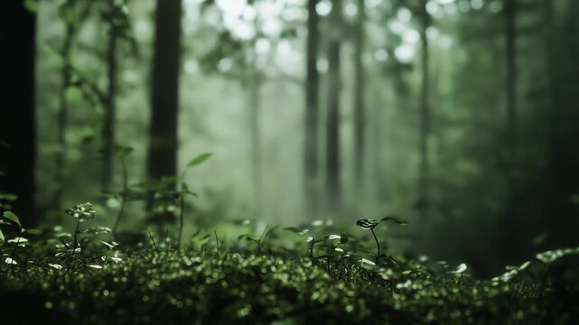 Lush forest floor showing green moss and tiny new plants emerging, with blurred trees and soft mist in the background creating an ethereal natural ambiance