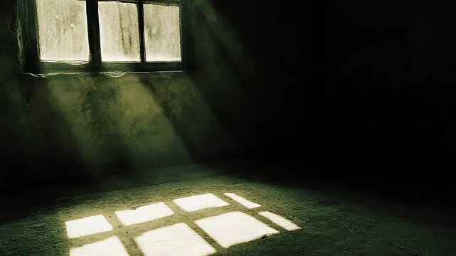 Sunlight beams through a grimy window, creating a patterned grid of light on the dusty floor of an old, desolate room, symbolizing concepts of hope and despair