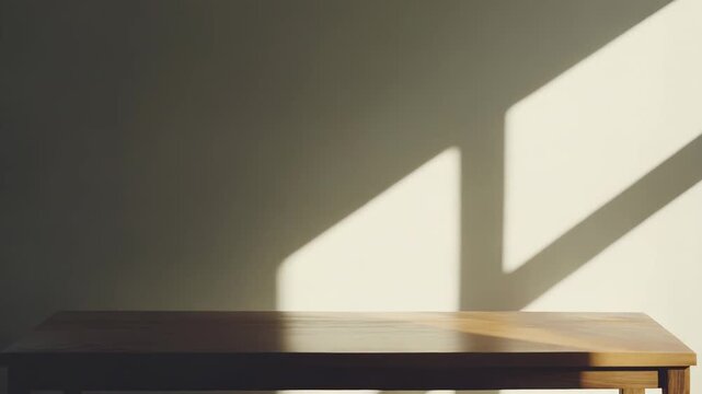 Simple wooden table in an empty room, catching strong geometric sunlight shadows on a plain wall and wooden floor, creating a serene and minimalist atmosphere