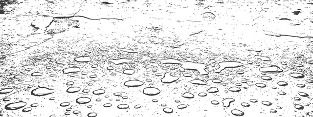 Black and White Vector Texture of Water Droplets and Puddles on Cracked Distressed Pavement Grunge Overlay Background