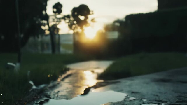 Warm golden hour sunlight glints on rain wet path and grass, highlighting glistening droplets and soft reflections for a peaceful, serene post rain atmosphere