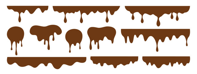 Melting chocolate drips and splashes, sweet food elements for confectionery and dessert design, rich brown liquid effect