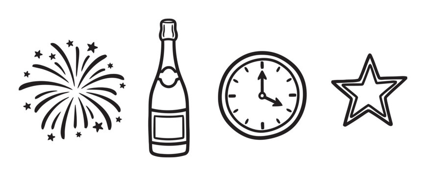 New years eve celebration icons fireworks champagne bottle clock and star simple outline drawings vector illustration new year party festive symbols