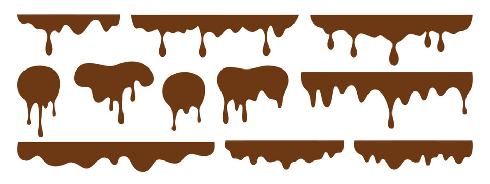 Melting chocolate drips and splashes, sweet food elements for confectionery and dessert design, rich brown liquid effect