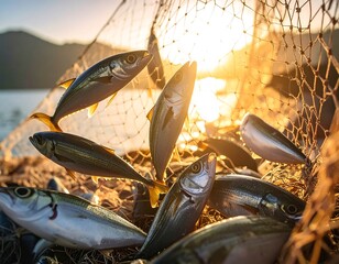 A serene sunset scene of fish caught in a net on a tranquil body of water