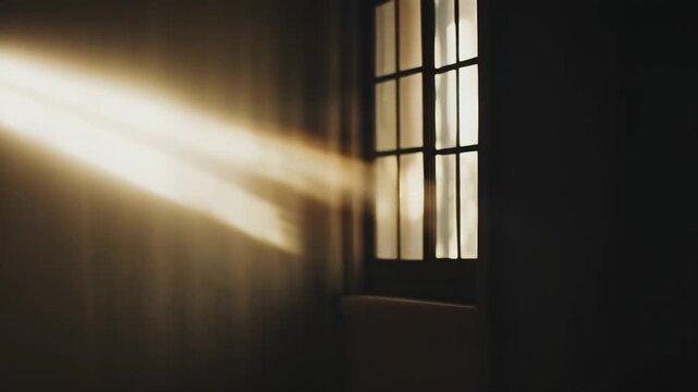 Sunlight beams pouring through a classic window casting intricate shadows and warm light patterns onto a wall, creating a serene and contemplative interior mood