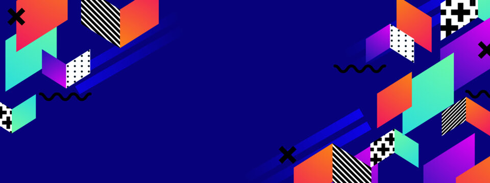 Abstract blue background featuring 3D isometric cubes and colorful Memphis style geometric shapes with patterns