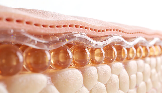 3d skin cross section showing glossy protective film with amber microcapsules and hydrated cells illustrating barrier repair and active ingredient delivery on white background