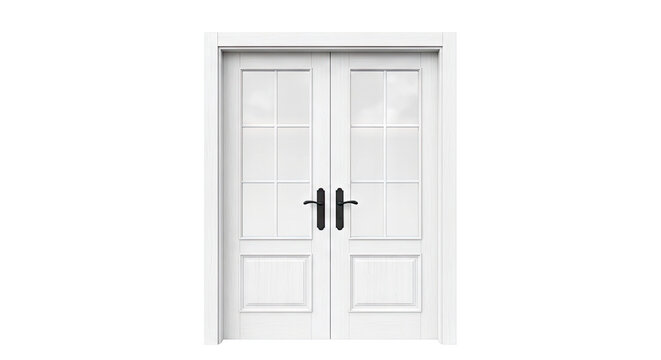 White Double Doors with Glass Panes and Black Handles