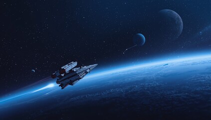 background space. stars, spaceship, planets, meteorites, blue tones