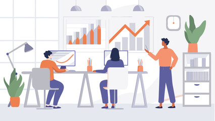 Fototapeta premium Contemporary office workspace with team collaboration and data analysis on screens and whiteboard