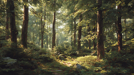 Obraz premium A sunlit forest with tall trees and dappled sunlight filtering through the canopy. The scene evokes a sense of tranquility and the beauty of nature