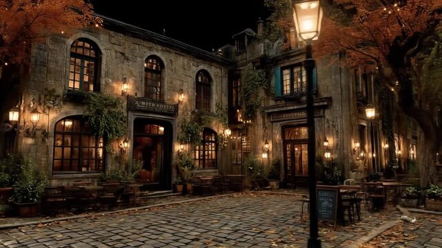 Elegant vintage building facade illuminated at night with warm lighting