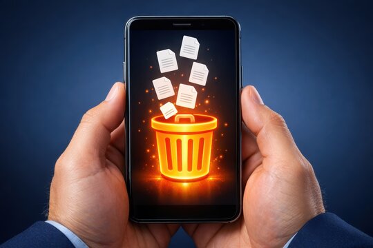 Digital Erasure: A conceptual depiction of data deletion, symbolizing the act of removing digital files, and purging content from a mobile phone.