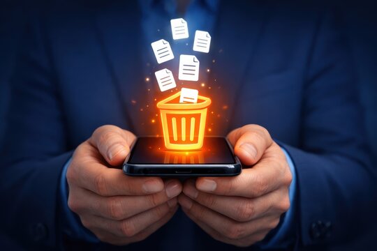 Digital Purge: A metaphorical representation of data deletion, showing documents being discarded into a digital trash bin via a smartphone.