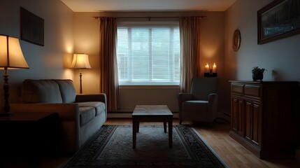 Fototapeta premium Cozy living room interior bathed in warm dim light from lamps and candles creating a peaceful and inviting atmosphere
