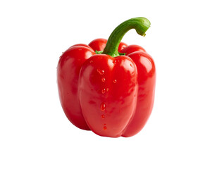 A bright red bell pepper, glistening with water droplets, on a black background