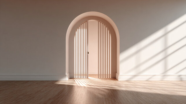 A minimalist interior design with an arched doorway bathed in sunlight, the architectural details creating a sense of serenity. The light and shadow interplay adds depth to the scene.
