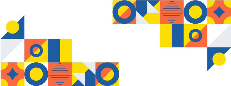 Minimalist white background with Bauhaus style geometric blocks in blue orange and yellow