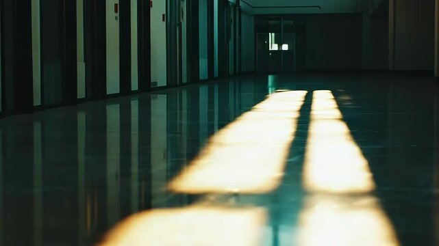 Empty school hallway capturing dramatic bright sun rays, creating strong visual patterns and reflections on the polished floor, symbolizing hope, abandonment, and the passage of time